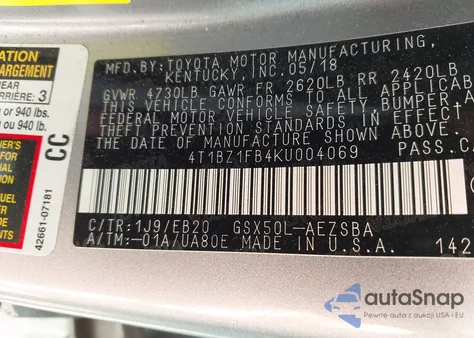 2019 Toyota Avalon Touring z USA, uszkodzony, nr VIN 4T1BZ1FB4KU004069